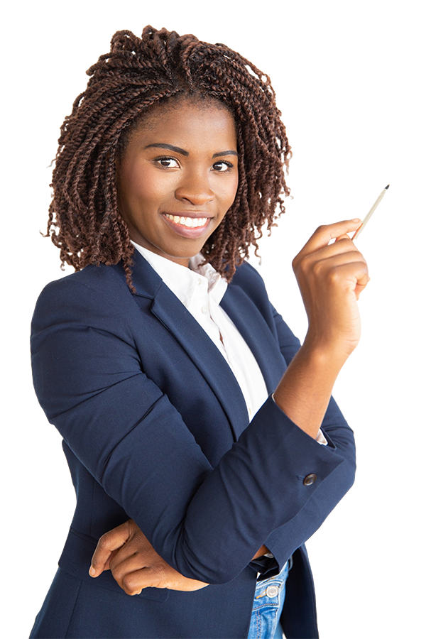 CTA woman smiling holding pen